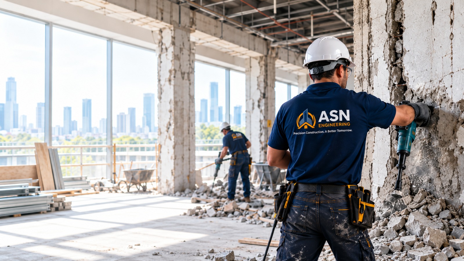 ASN Engineering worker hacking a concrete wall with a demolition hammer in a Singapore commercial unit